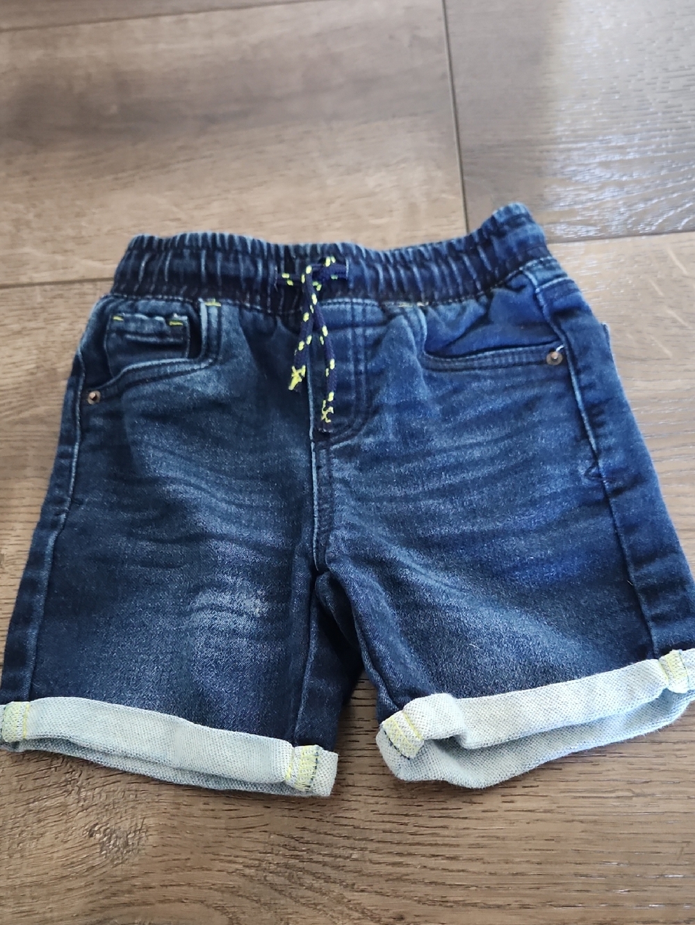 Cat & Jack Dark Blue Denim Shorts with Neon Yellow Drawstring